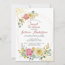Guld Rosa Glitter Blommigt Sweet sixteen Inbjudningar