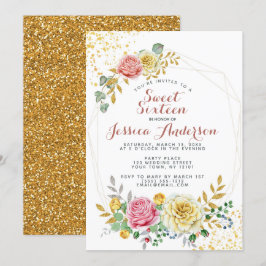 Guld Rosa Glitter Blommigt Sweet sixteen Inbjudningar