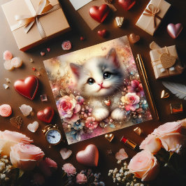 Guld Rosa Glitter Blommigt Vattenfärgsfärgkatt Val Julkort