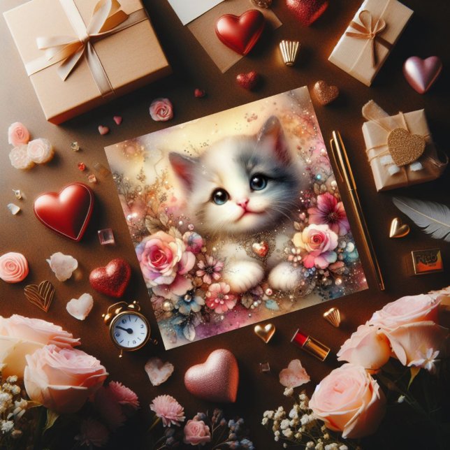 Guld Rosa Glitter Blommigt Vattenfärgsfärgkatt Val Julkort (Skapare uppladdad)