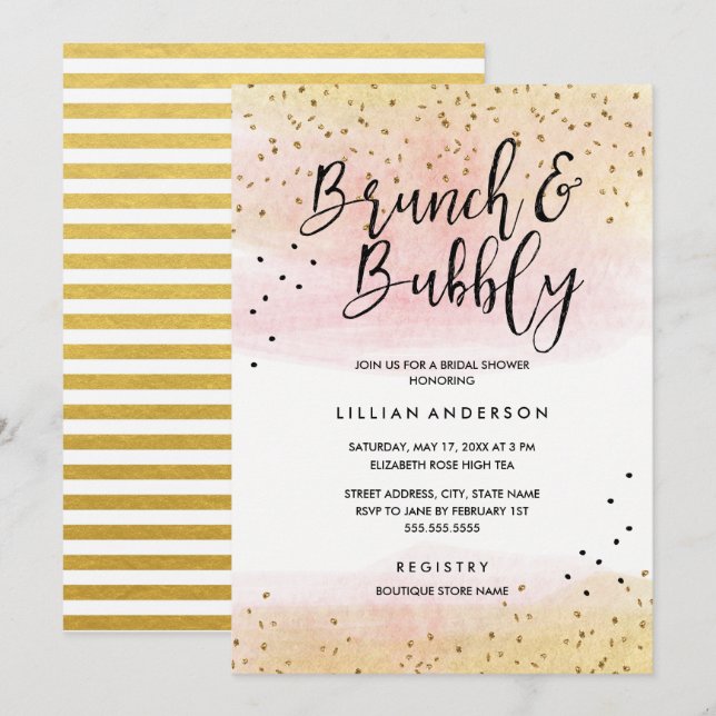 Guld Rosa Glitter Brunch och Bubbly Bröllopsfest Inbjudningar (Fram/baksida)