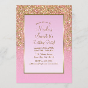 Guld & Rosa Glitter Glam Shine Sweet 16-fest Inbjudningar