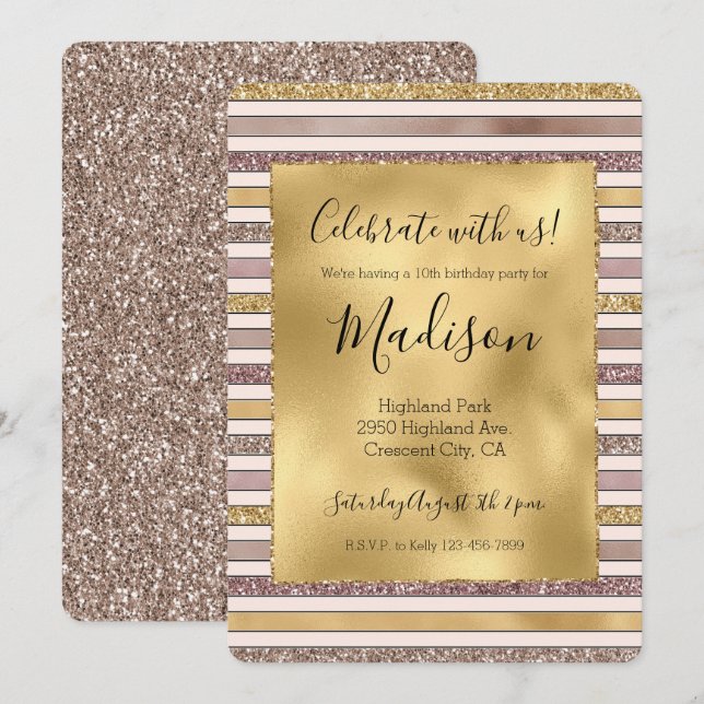 Guld  Rosa Glitter Glitzy Rand Inbjudningar (Fram/baksida)