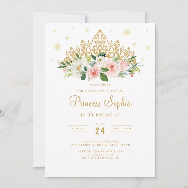 Guld Rosa Glitter Prinsessa Blommig Tiara Födelsed Inbjudningar (Framsida)