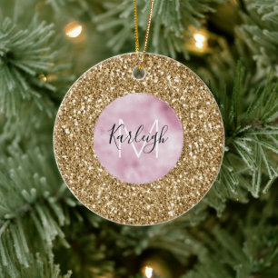 Guld Rosa Glitzy Glitter Monogram personlig Julgransprydnad Keramik