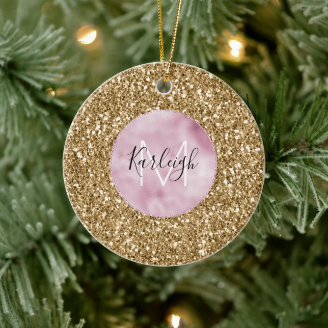 Guld Rosa Glitzy Glitter Monogram personlig Julgransprydnad Keramik (Träd)