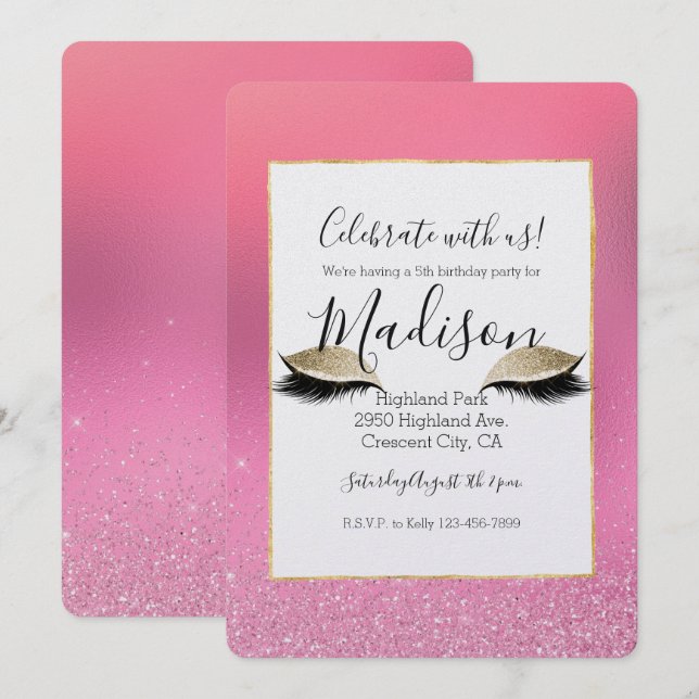 Guld Rosa Glitzy Ögon Inbjudningar (Fram/baksida)