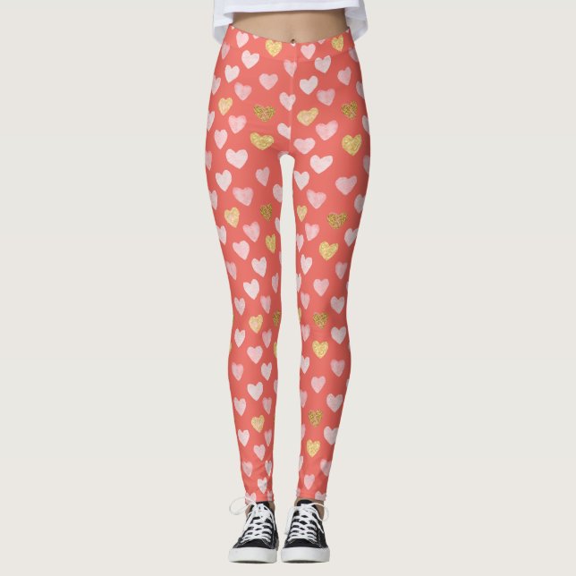 Guld Rosa Hjärtmönster Leggings (Framsida)