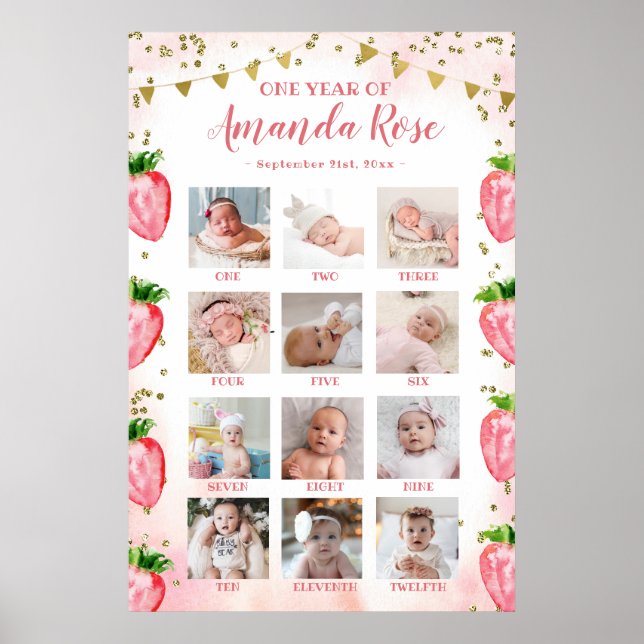 Guld Rosa jordgubbsrys första fotokollage Poster (Framsidan)