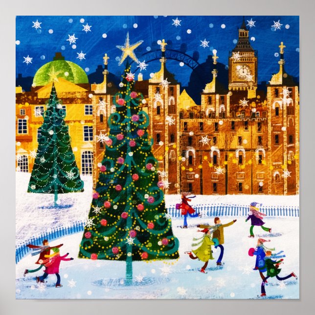 Guld Rosa Julvinter Ice Skating Poster (Framsidan)