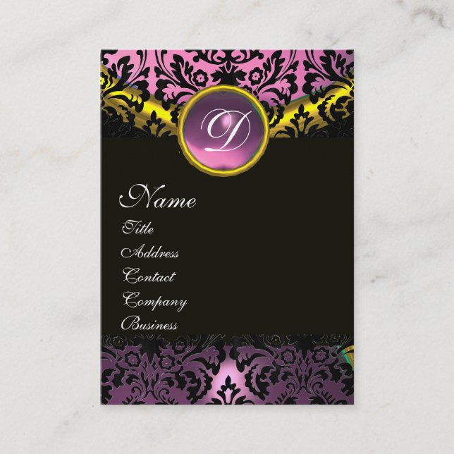 GULD ROSA LAVENDER BLACK AMETHYST DAMASK MONOGRAM VISITKORT (Framsida)