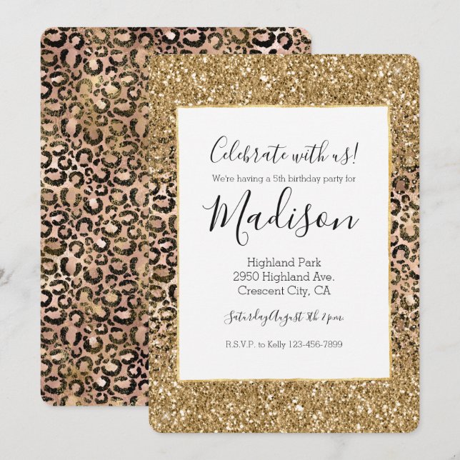 Guld Rosa Leopard Print Glitter personlig Inbjudningar (Fram/baksida)