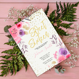 Guld Rosa Lila Blommigt Sweet sixteen Födelsedag Inbjudningar