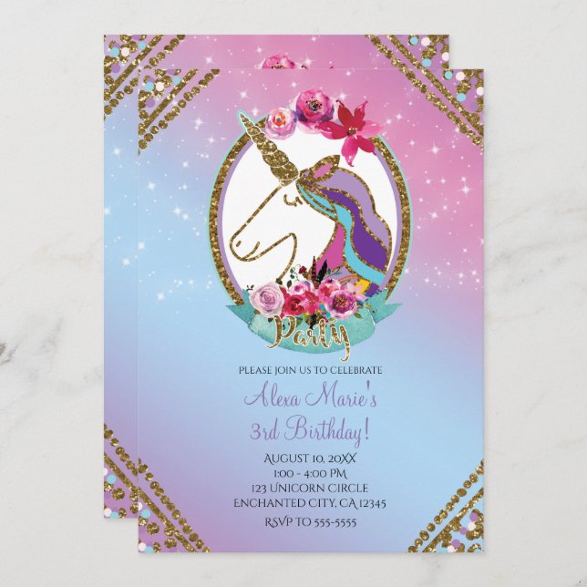 Guld Rosa Lila Magic Unicorn Födelsedagsfest Inbjudningar (Fram/baksida)