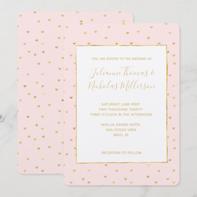 Guld  Rosa Little Hearts Bröllopsinbjudningar Inbjudningar (Fram/baksida)
