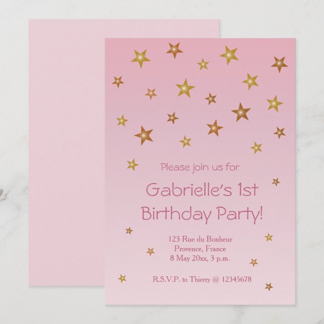 Guld Rosa Little Stars Sweet Baby Barns födelsedag Inbjudningar (Fram/baksida)