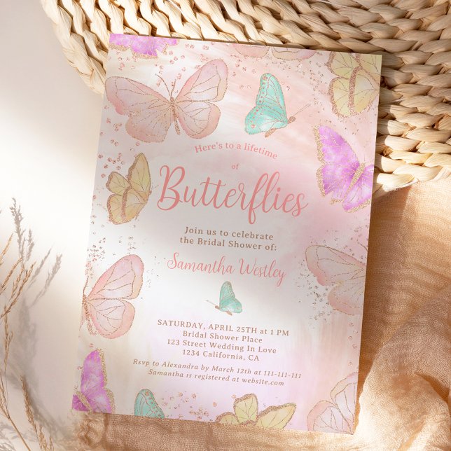 Guld rosa Livstid för butterflies möhippa Inbjudningar (Gold pink Lifetime of butterflies bridal shower Invitation)