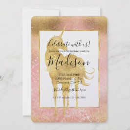 Guld  Rosa Magic Unicorn Birthday Inbjudningar