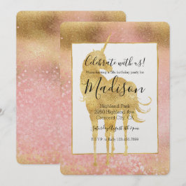 Guld Rosa Magic Unicorn Birthday Inbjudningar