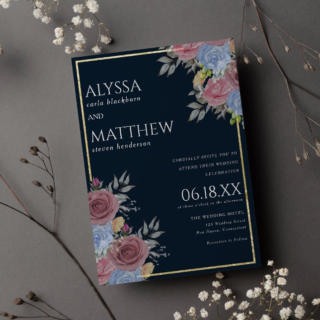 Guld rosa, marinblått blommigt, bröllop inbjudningar (Gold pink navy blue watercolor floral wedding invitation )