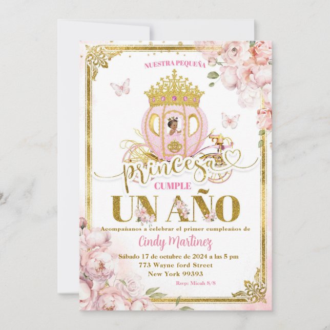 Guld Rosa Mexikanska unionen Uno Princesa Carriage Inbjudningar (Framsida)