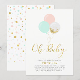 Guld, Rosa, Mint-ballonger | Oh Baby Baby Shower Inbjudningar