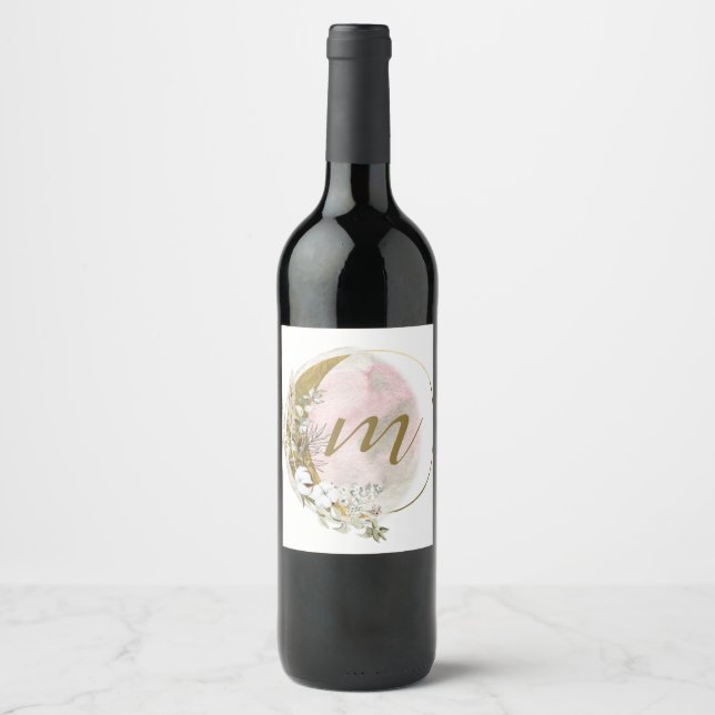 Guld Rosa Monogram Vattenfärg Celestial Affärs Vinflaska Etikett (Framsida)
