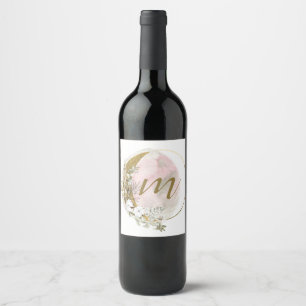 Guld Rosa Monogram Watercolor Celestial Busi Vinflaska Etikett