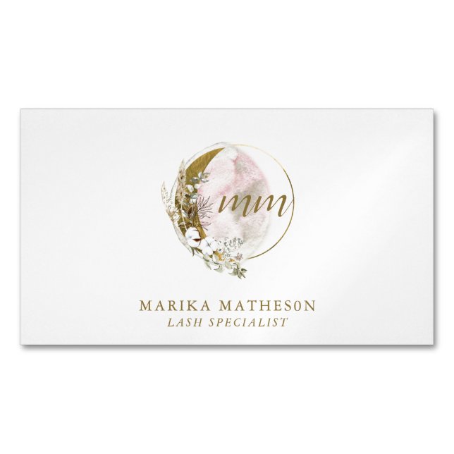 Guld Rosa  Monogram Watercolor Celestial Magnetiska Visitkort (Framsida)