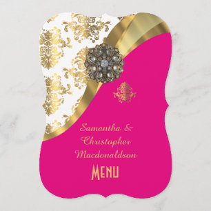 Guld, rosa och vit bröllopsmeny för damm meny