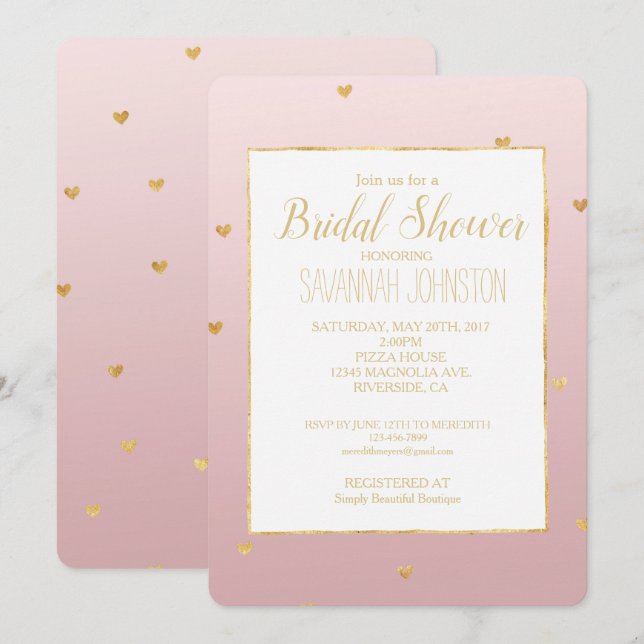 Guld  Rosa Ombre Hearts Inbjudningar (Fram/baksida)