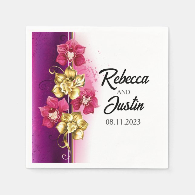 Guld Rosa Orchids Blommigt Modern Boho Pappersservett (Framsidan)