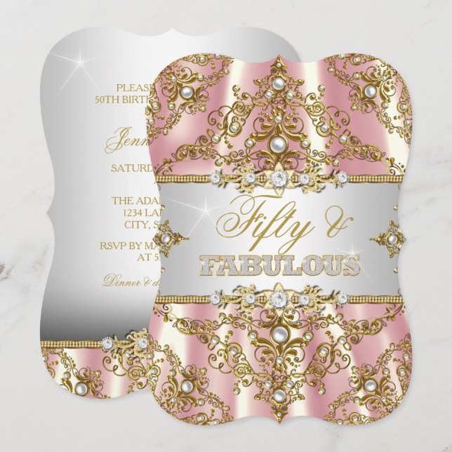 Guld Rosa Pärl Damask Femtio och Fantastisk Inbjudningar (Fram/baksida)