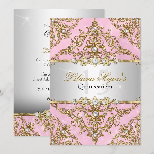 Guld & Rosa Pärl Damask Quinceanera Inbjudan (Fram/baksida)