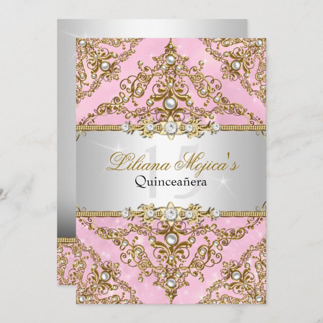Guld & Rosa Pearl Damask Quinceanera Inbjudan (Fram/baksida)