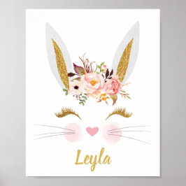 Guld Rosa Peony Rabbit ansikte Print Nursery Poste Poster
