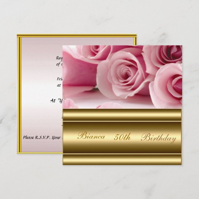 Guld rosa Populär Elegant 50-års födelsedagsinbjud Inbjudningar (Fram/baksida)