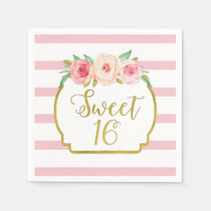 Guld Rosa Rand Flowers Sweet 16 födelsedagar Pappersservett