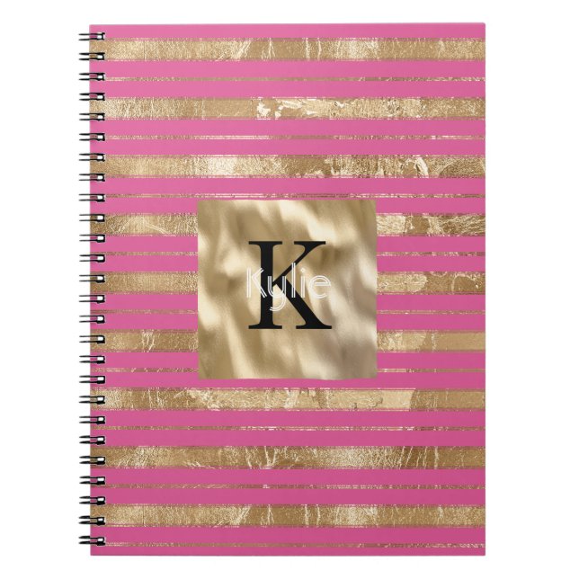Guld Rosa Ränder Monogram Namn Anteckningsbok (Framsidan)