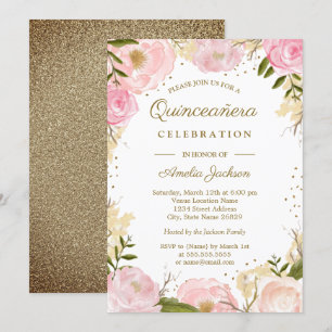 Guld Rosa Rodnad Blommig Vattenfärg Quinceanera Inbjudningar