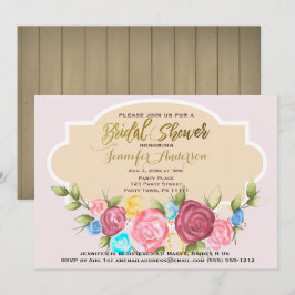 Guld Rosa ros Blommigt Rustic Wood Möhippa Inbjudningar