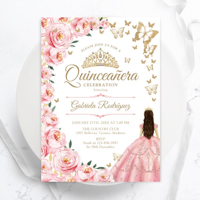Guld Rosa ros Butterflies Quinceanera Inbjudningar (Skapare uppladdad)