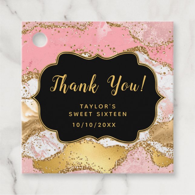 Guld Rosa Sequins Agate Sweet sixteen Tack Gåvor Etiketter (Framsida)