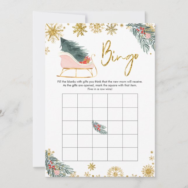 Guld Rosa Sleigh Winter Baby Shower Baby Bingo Inbjudningar (Framsida)