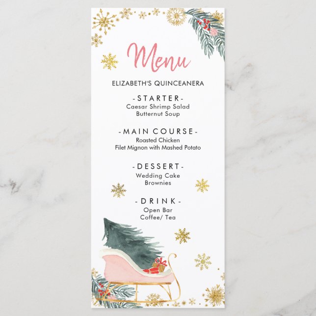 Guld Rosa Sleigh Winter Snowflake Baby Shower Menu Meny (Framsida)