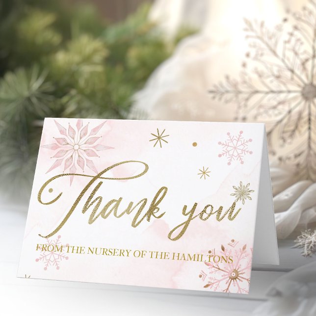 Guld Rosa Snöflinga Flickebebis Babyshower Tackkor Tack Kort (Skapare uppladdad)
