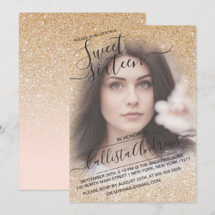 Guld Rosa Sparkly Glitter Ombre Photo Sweet 16 Inbjudningar