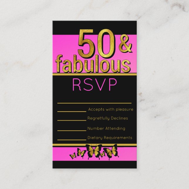 Guld Rosa Svart Fjäril 50 & Fantastisk RSVP Tilläggskort (Framsida)