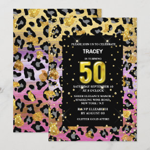 Guld rosa svartleopardavtrycksdjungel glitter 50:e inbjudningar