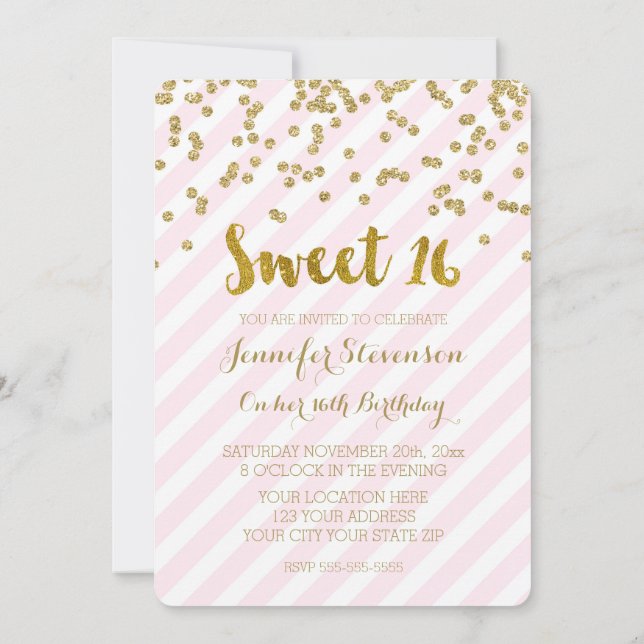Guld Rosa Sweet 16 Födelsedagsfest inbjudan (Baksida)